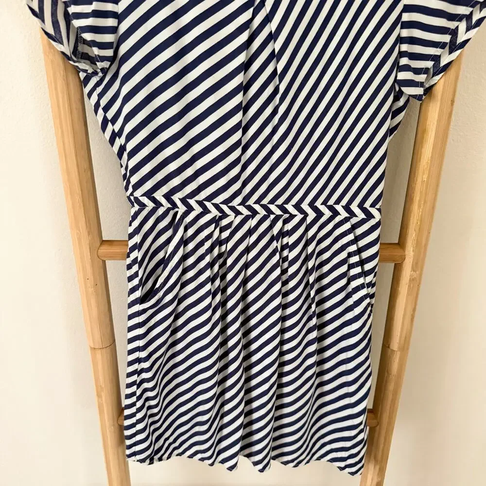 J.Crew Blue White Stripe Shift Dress Womens Size 2 Pleated Short Sleeve